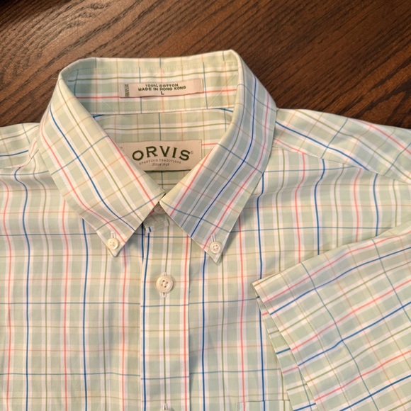 Orvis Other - Orvis Light Green Plaid Short-Sleeve Button-Down Shirt with Blue & orangeStripes